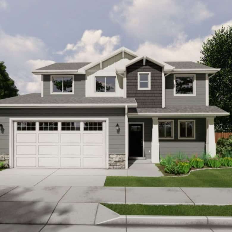 Beautiful contemporary home with gray exterior, large windows, and a spacious garage.