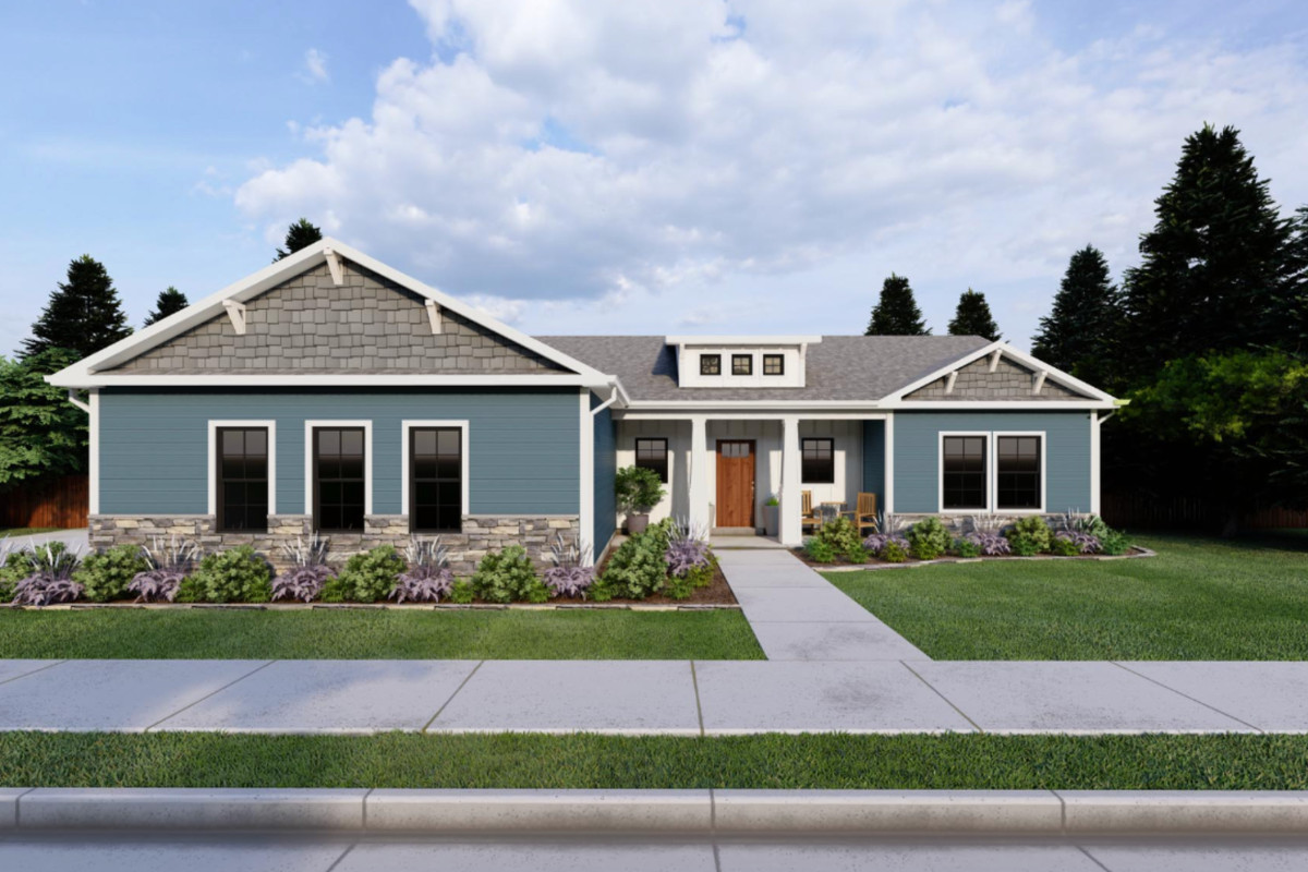 Everley home featuring open-concept living area, large island kitchen with walk-in pantry, split-bedroom layout, and spacious primary suite.