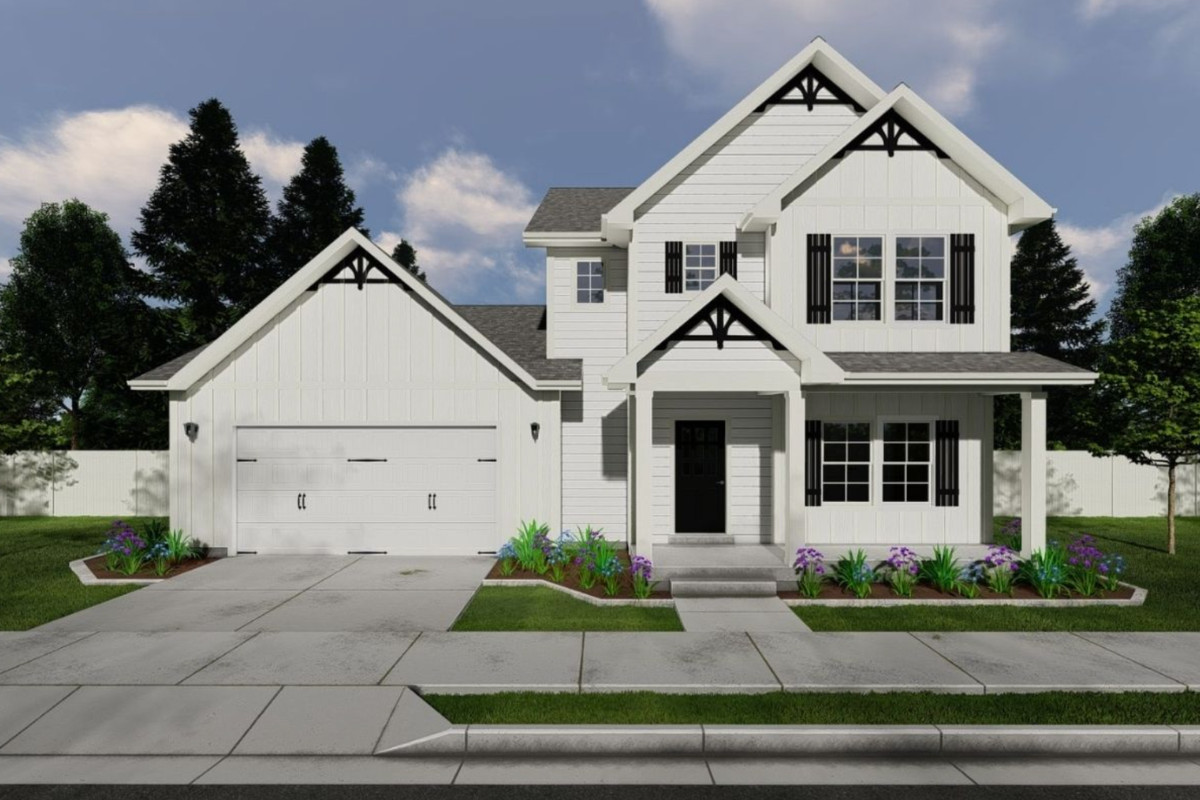 Foxhill home featuring open-concept kitchen with large island, bright dining area with three windows, loft space, and spacious primary suite.