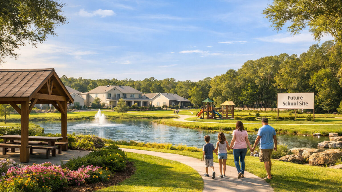 Family walking through a planned community with pond, gazebo, playground, and future school site.