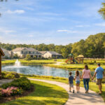 Family walking through a planned community with pond, gazebo, playground, and future school site.