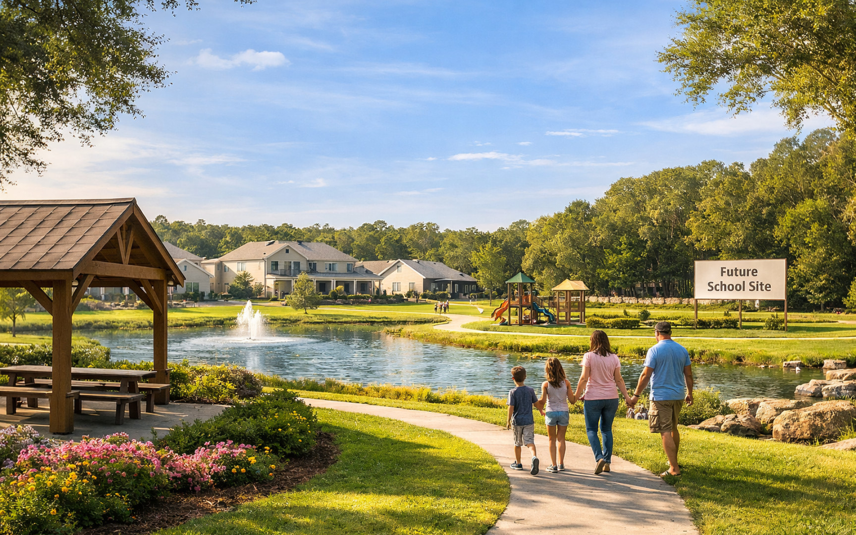 Family walking through a planned community with pond, gazebo, playground, and future school site.