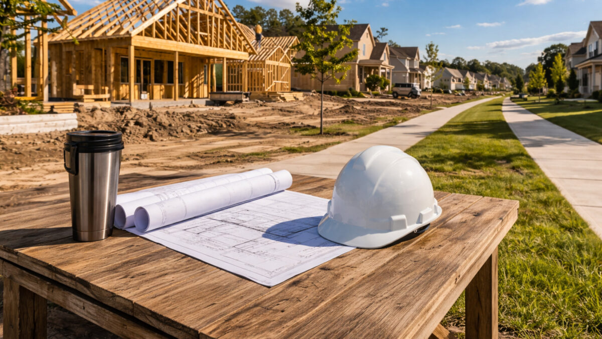 Construction plans and hard hat on a table beside new home development in High Springs.