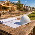 Construction plans and hard hat on a table beside new home development in High Springs.