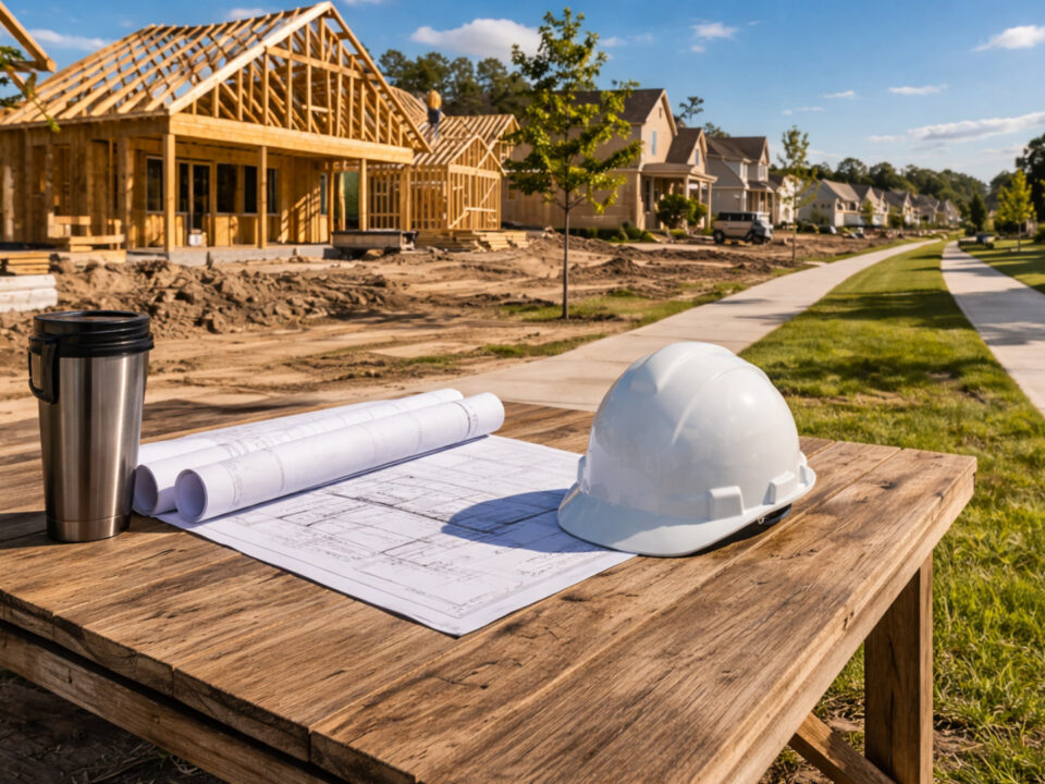 Construction plans and hard hat on a table beside new home development in High Springs.