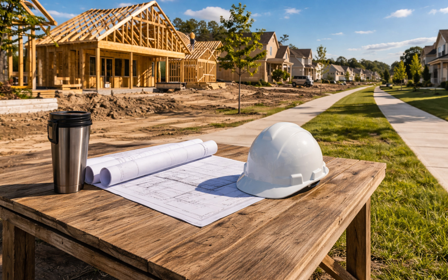 Construction plans and hard hat on a table beside new home development in High Springs.