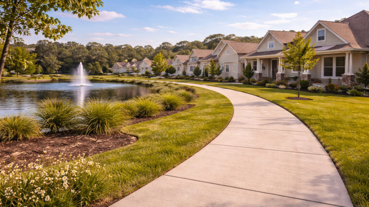 Sidewalk beside a pond and new homes in a planned community in High Springs.