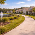Sidewalk beside a pond and new homes in a planned community in High Springs.