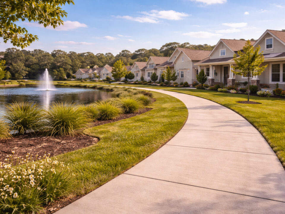 Sidewalk beside a pond and new homes in a planned community in High Springs.