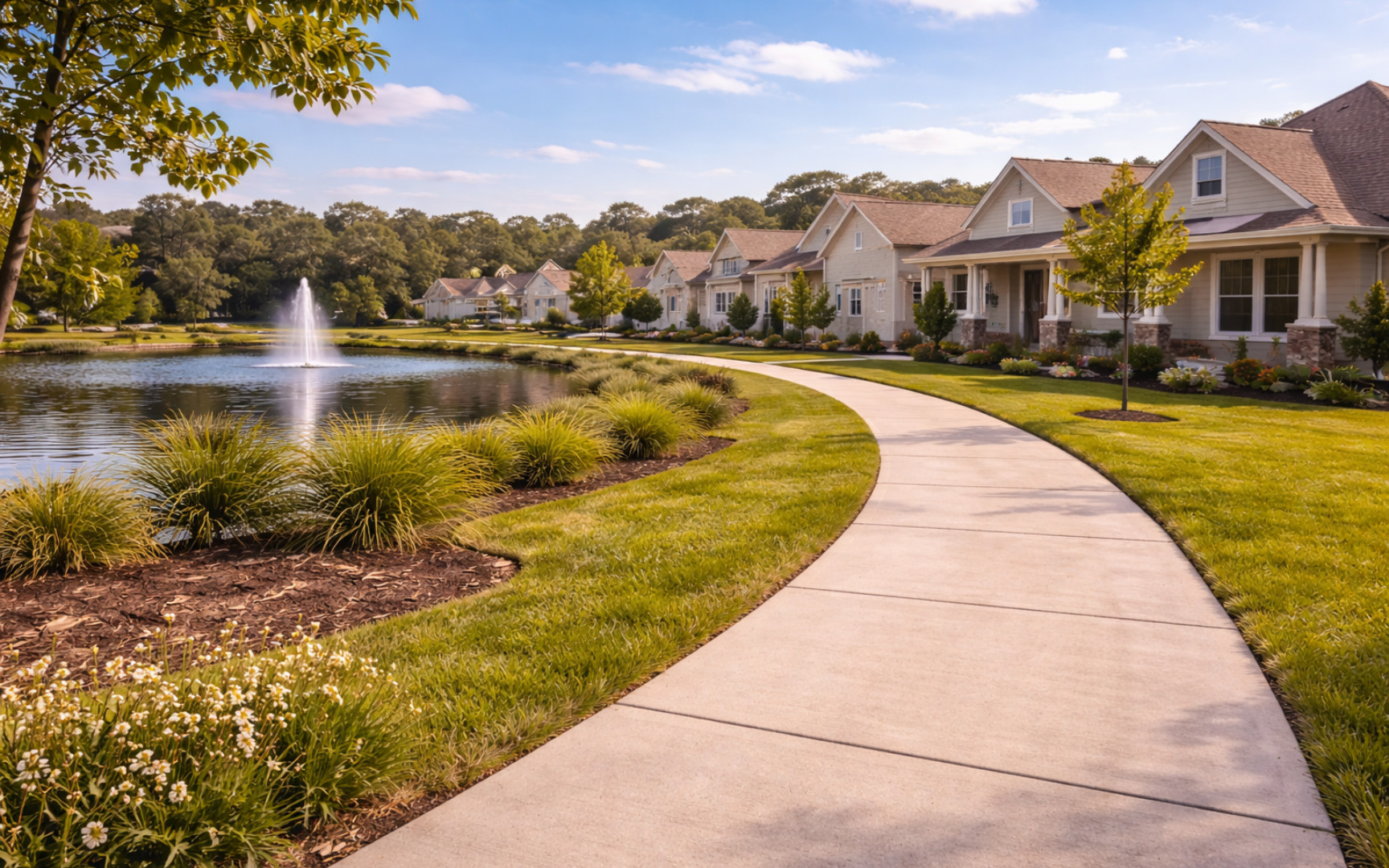 Sidewalk beside a pond and new homes in a planned community in High Springs.
