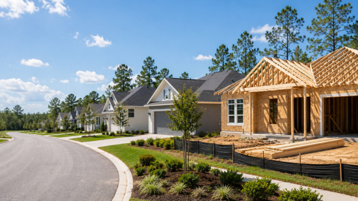 New home construction in a planned residential community with completed homes nearby.