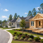 New home construction in a planned residential community with completed homes nearby.