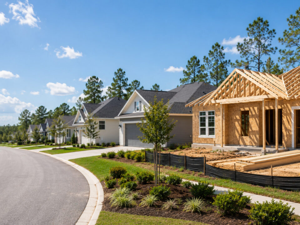 New home construction in a planned residential community with completed homes nearby.