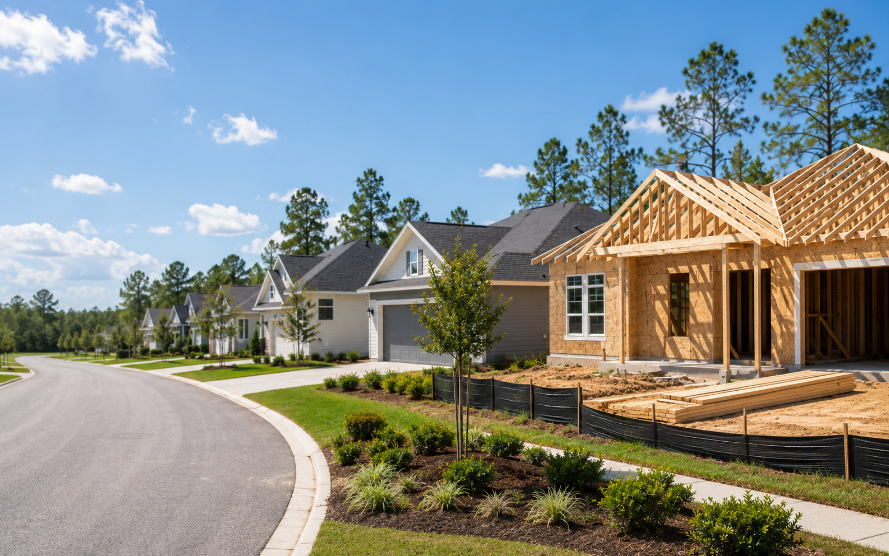 New home construction in a planned residential community with completed homes nearby.