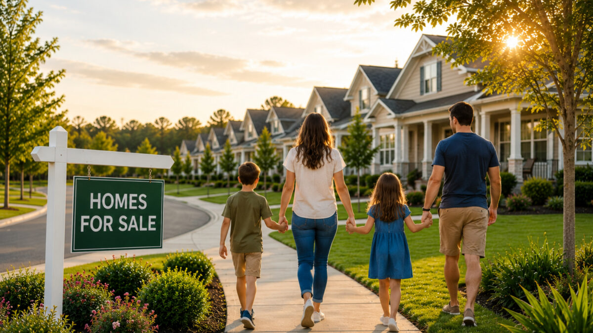 Family walking through a neighborhood with a homes for sale sign and new homes in High Springs.