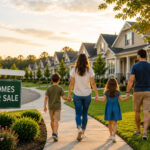 Family walking through a neighborhood with a homes for sale sign and new homes in High Springs.