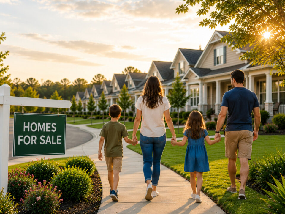 Family walking through a neighborhood with a homes for sale sign and new homes in High Springs.