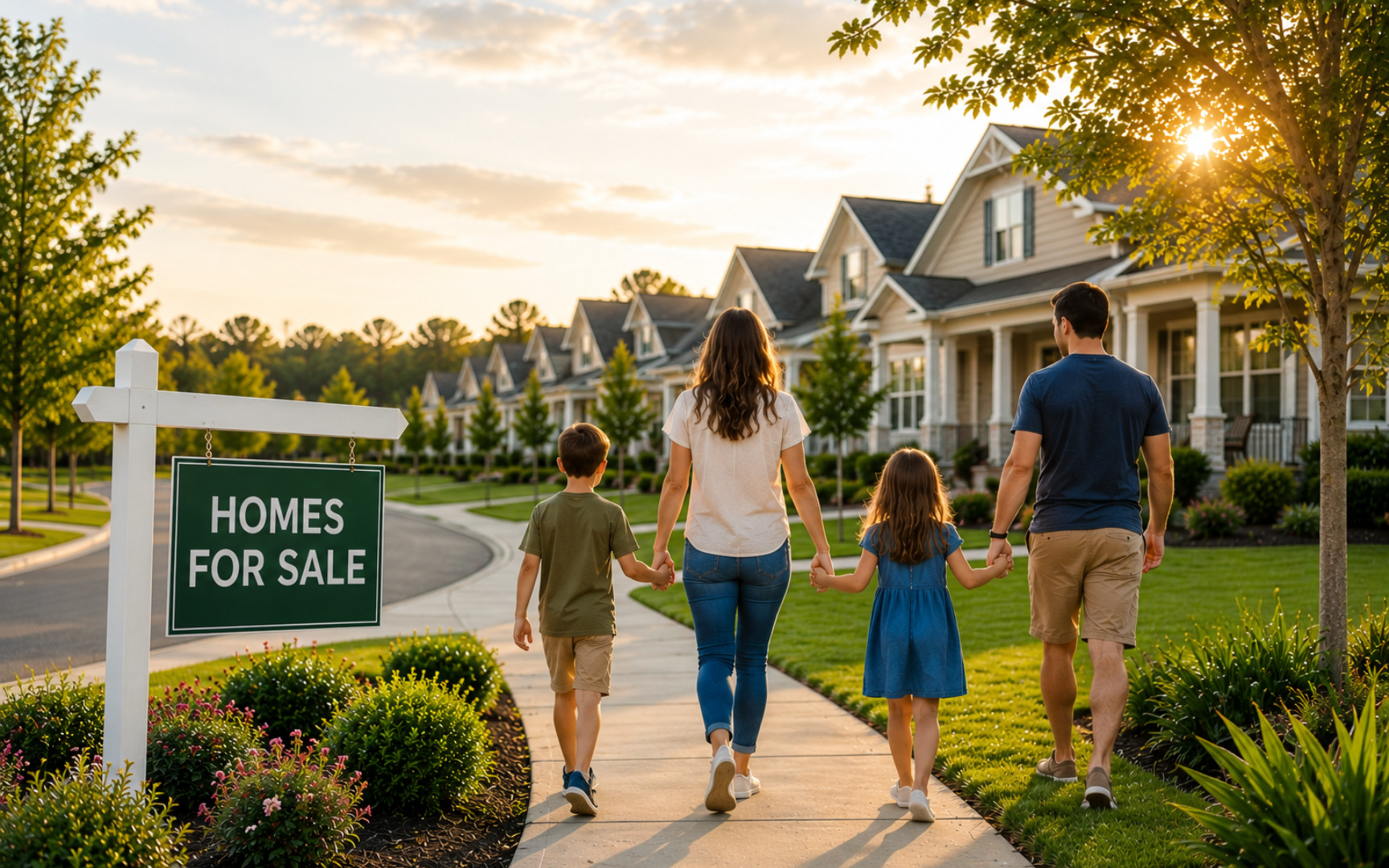 Family walking through a neighborhood with a homes for sale sign and new homes in High Springs.