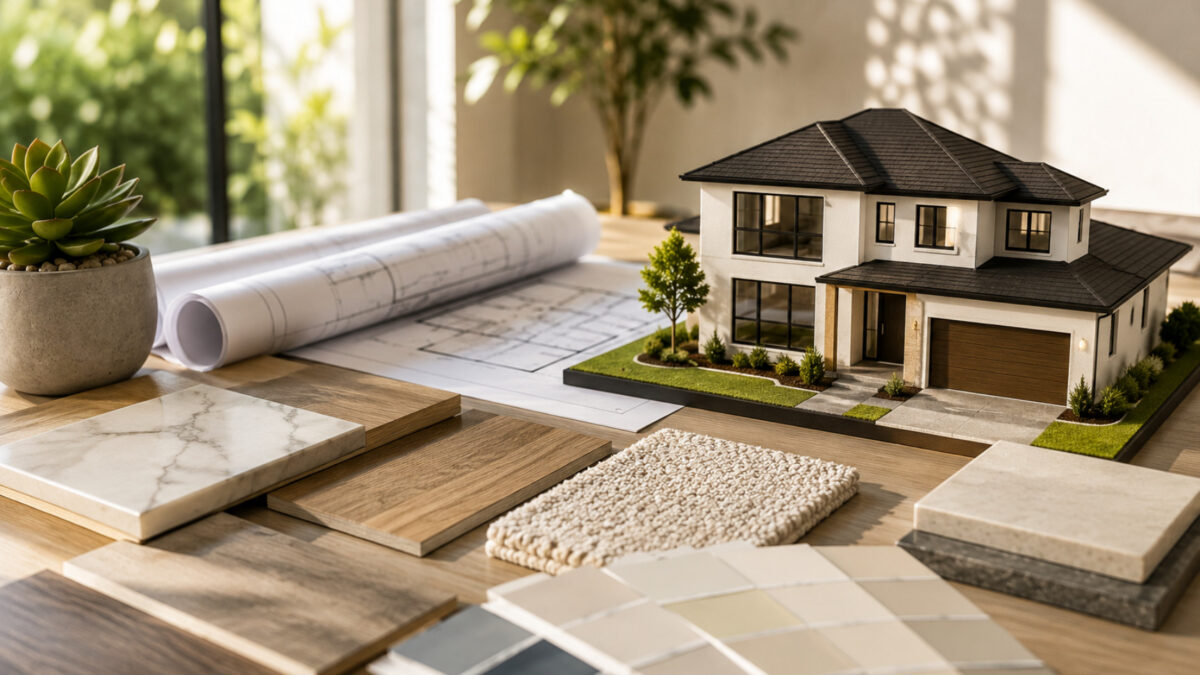 Modern home model with architectural plans and material selections for a new construction home.