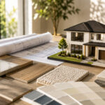 Modern home model with architectural plans and material selections for a new construction home.