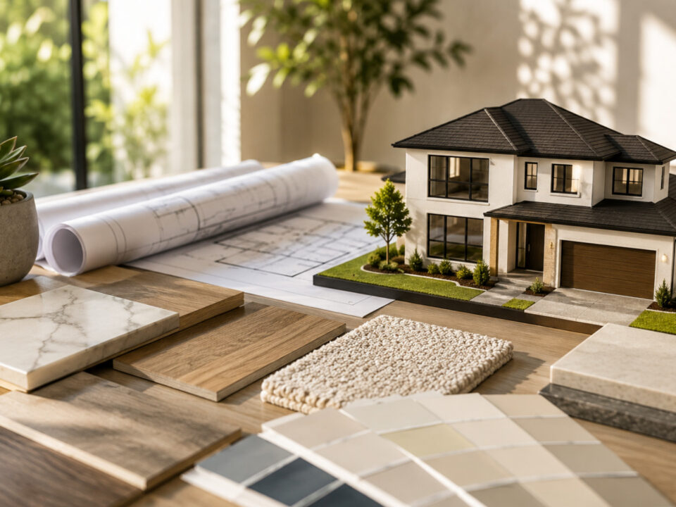 Modern home model with architectural plans and material selections for a new construction home.