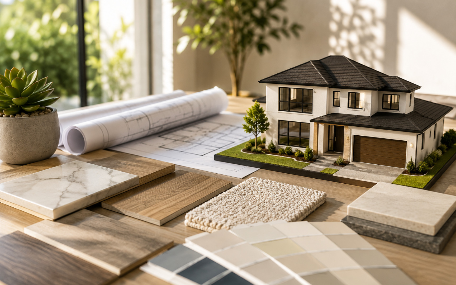 Modern home model with architectural plans and material selections for a new construction home.