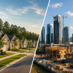 Residential neighborhood and high-rise construction site in Florida.