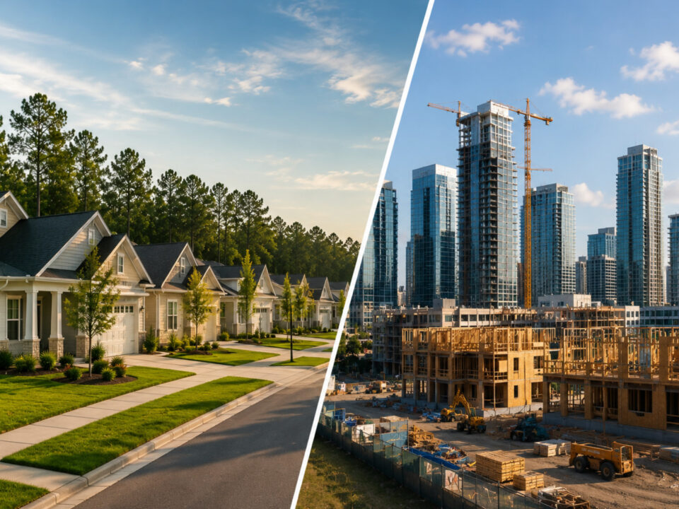 Residential neighborhood and high-rise construction site in Florida.