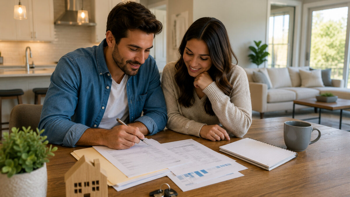 Happy couple reviewing home financing options at Bridlewood.