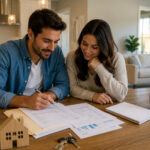 First-time homebuyers reviewing financing paperwork inside a modern new construction home.