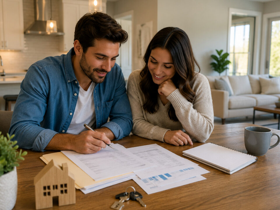 First-time homebuyers reviewing financing paperwork inside a modern new construction home.