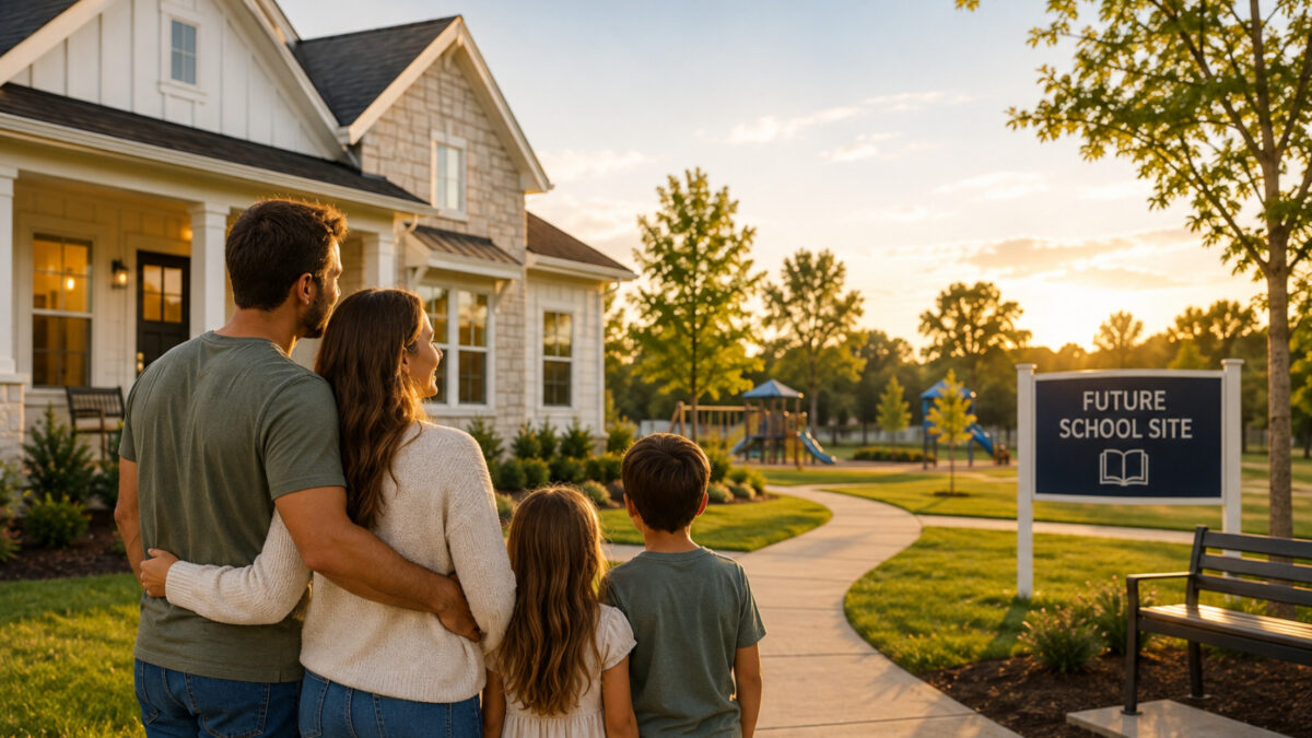 Family viewing a new home near a planned school site in High Springs, Florida.