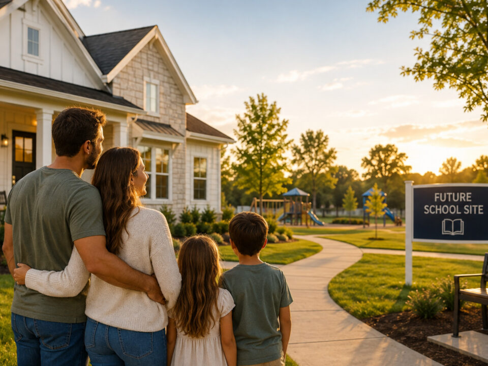 Family viewing a new home near a planned school site in High Springs, Florida.
