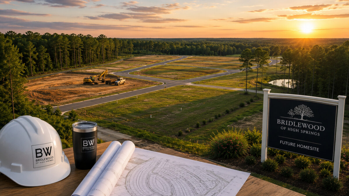Aerial view of residential development opportunities in High Springs, Florida, with roads, homesites, and construction activity.