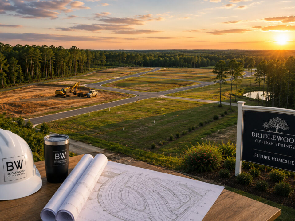 Aerial view of residential development opportunities in High Springs, Florida, with roads, homesites, and construction activity.