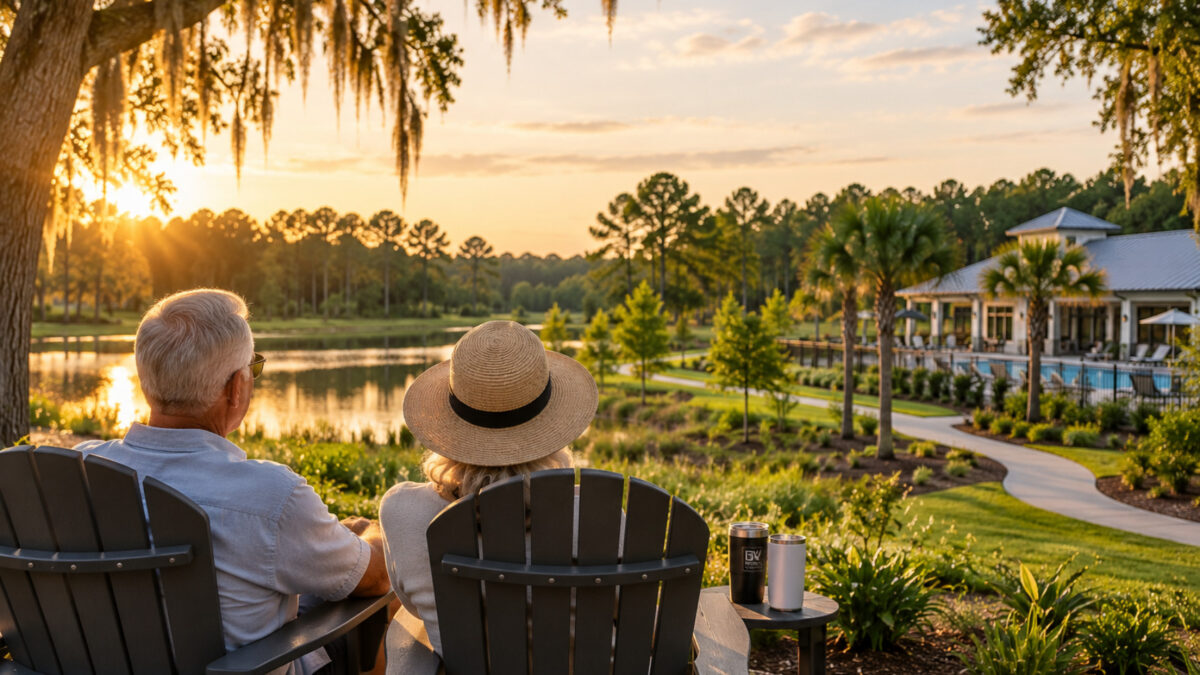 Retired couple relaxing beside a pond in a peaceful High Springs, Florida community with nearby amenities and walking paths.