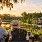 Retired couple relaxing beside a pond in a peaceful High Springs, Florida community with nearby amenities and walking paths.