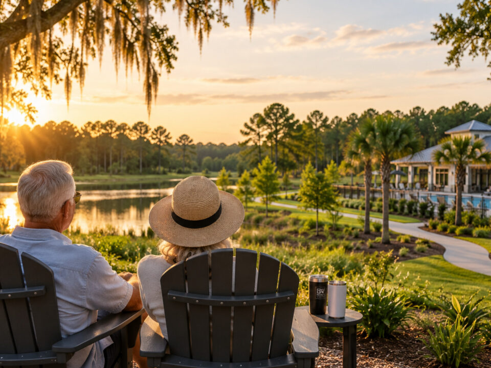Retired couple relaxing beside a pond in a peaceful High Springs, Florida community with nearby amenities and walking paths.