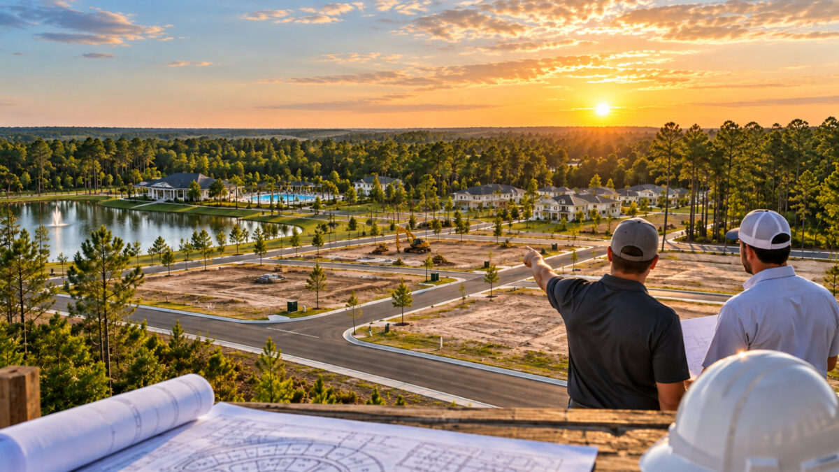 Builders reviewing plans overlooking multiple residential lots and new home construction in High Springs, Florida.