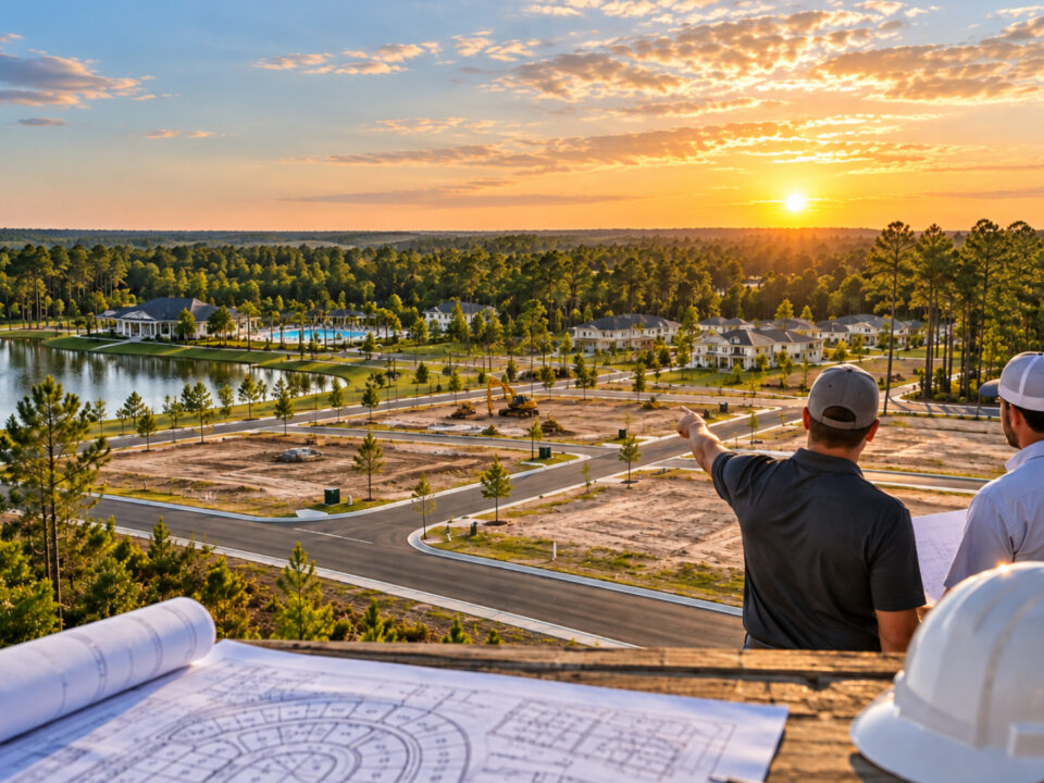 Builders reviewing plans overlooking multiple residential lots and new home construction in High Springs, Florida.