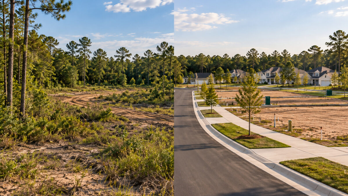 Residential development opportunities comparing raw land with engineered lots ready for home construction.