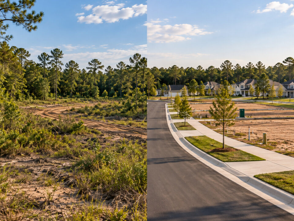 Residential development opportunities comparing raw land with engineered lots ready for home construction.